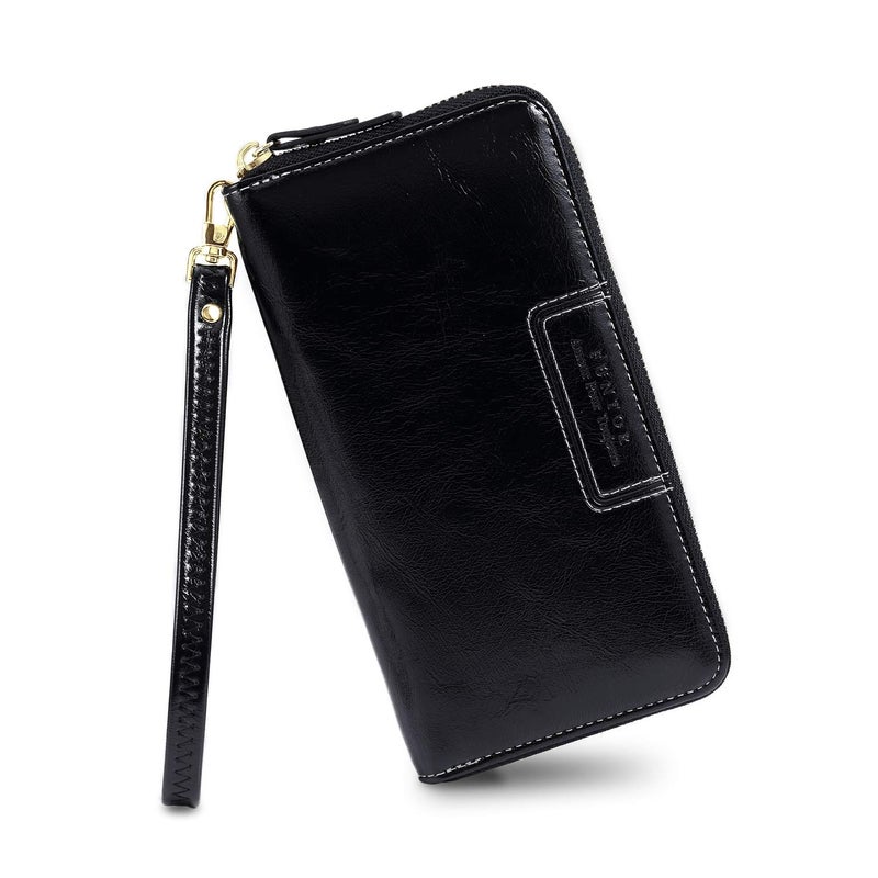 FT FUNTOR Wristlet Wallet for Women, Ladies Zip around Wallet PU Vegan Leather Clutch Long Purse Phone Card Holder Organizer Black - Image 1